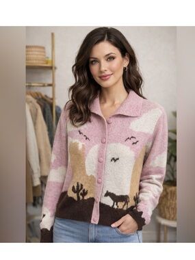 Taelynn Pink and Brown Western Button-Up Cardigan Sweater Horses Size Small